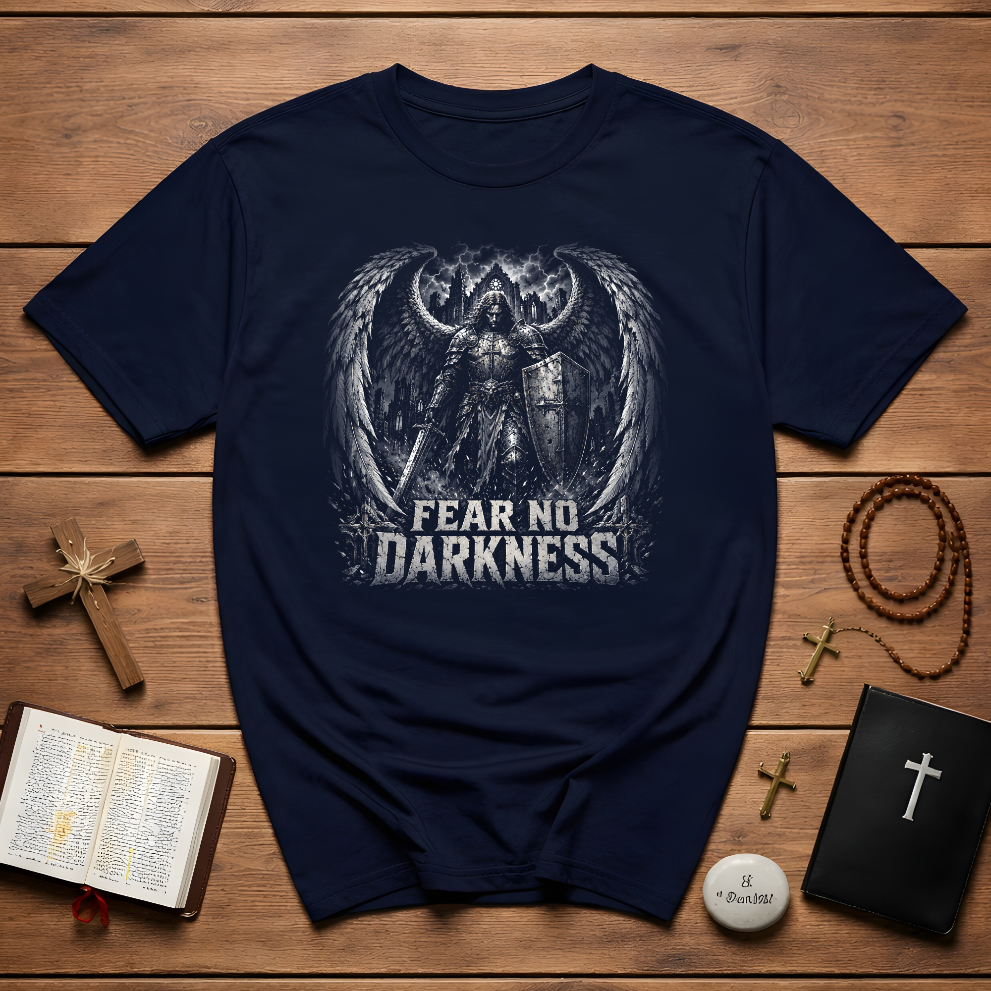 Fear No Darkness Angelic Warrior Archangel With Sword And Shield Gothic Dark Fantasy Spiritual Battle T-Shirt
