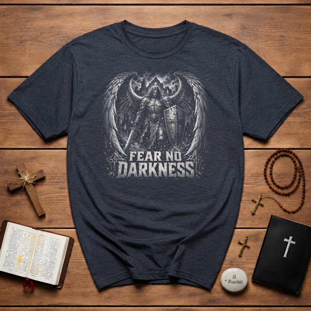 Fear No Darkness Angelic Warrior Archangel With Sword And Shield Gothic Dark Fantasy Spiritual Battle T-Shirt