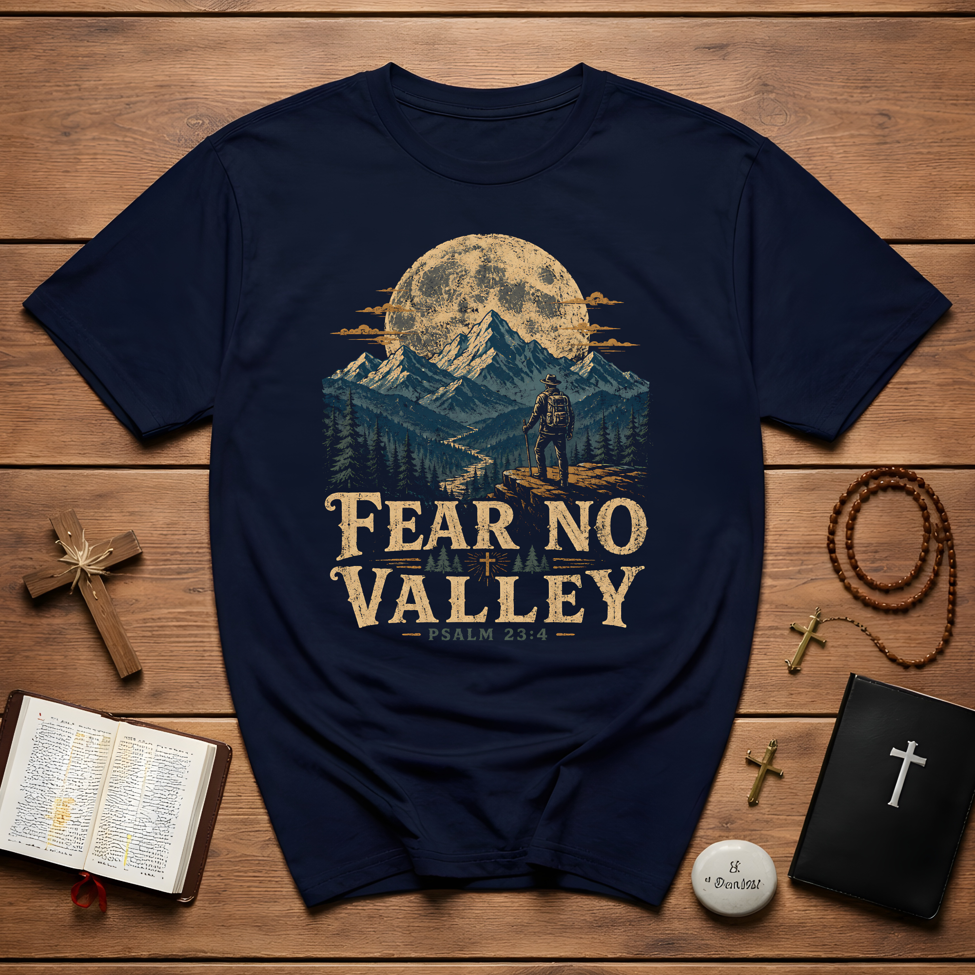 Fear No Valley Psalm 23 4 Christian Hiking Mountain Bible Verse Outdoor Faith T-Shirt