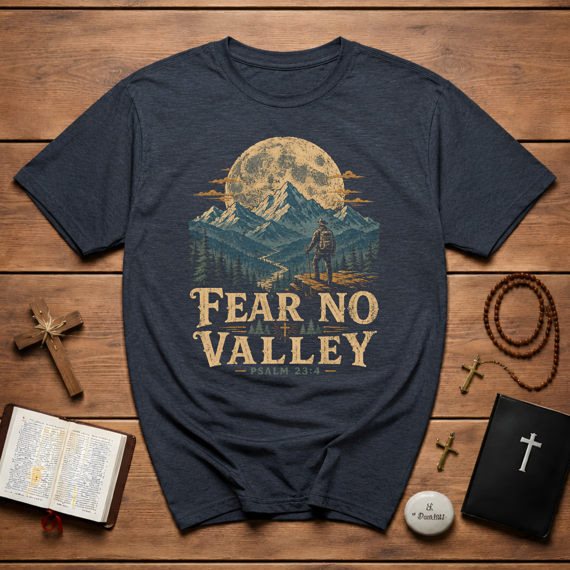 Fear No Valley Psalm 23 4 Christian Hiking Mountain Bible Verse Outdoor Faith T-Shirt