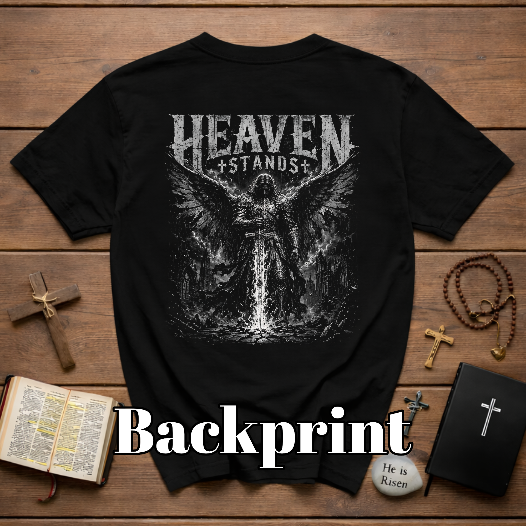 Heaven Stands Angelic Warrior Sword Sacred Battle Dark Christian Angel Of Light Spiritual Warfare Gothic Heaven Stands T-Shirt