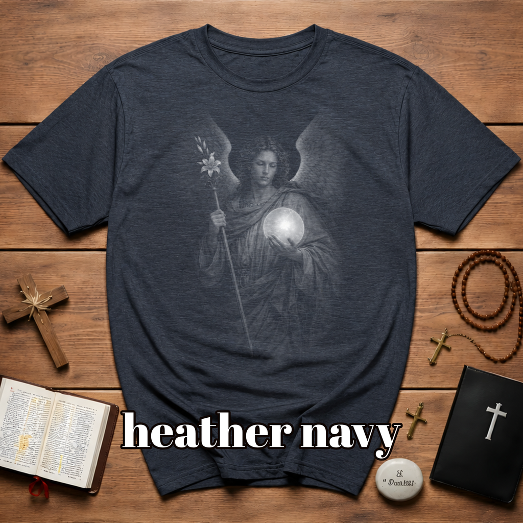 Archangel guardian with moon orb and white lily spiritual angelic symbol for gothic aesthetic lovers T-Shirt