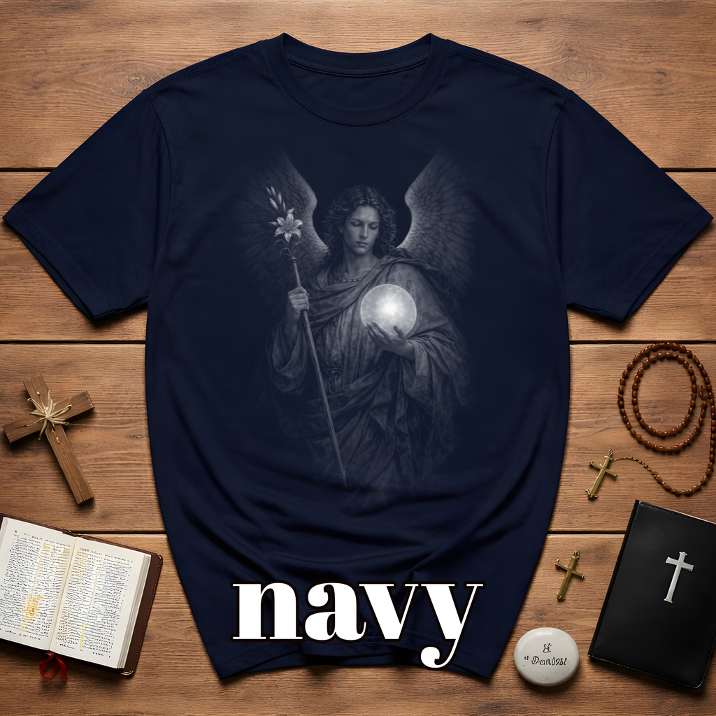 Archangel guardian with moon orb and white lily spiritual angelic symbol for gothic aesthetic lovers T-Shirt