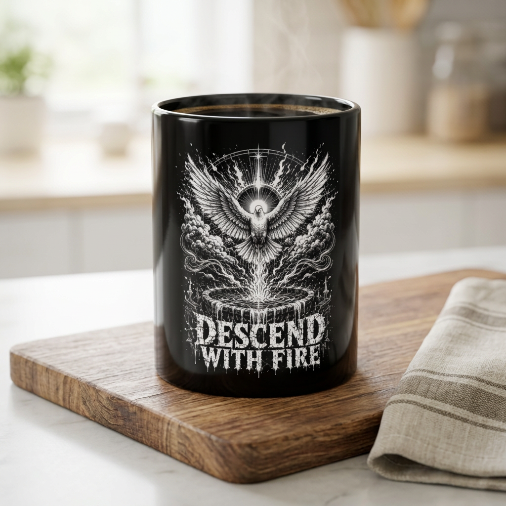 Black Coffee Mug — "Descend With Fire" Gothic Dove Design, 11oz