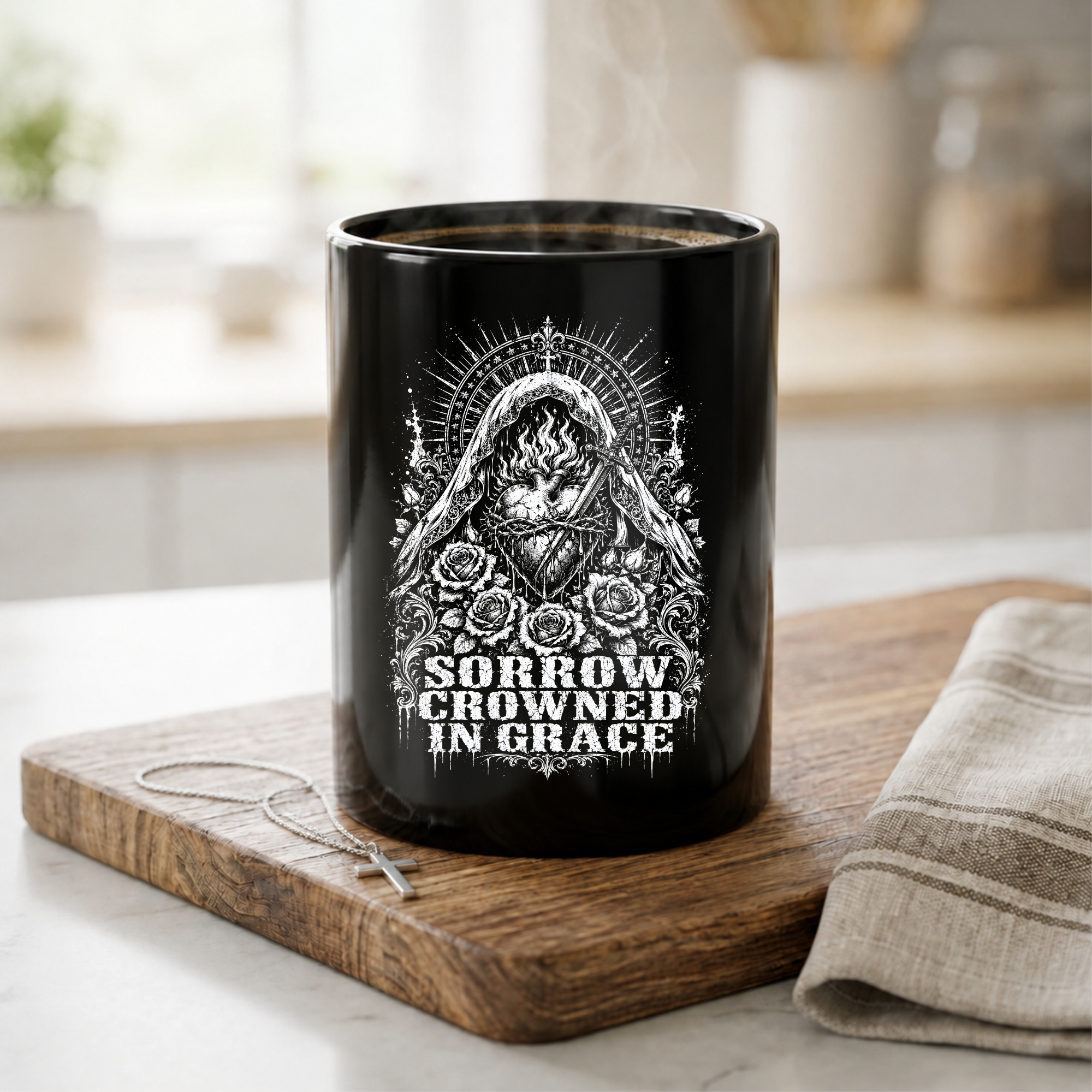 Sorrow Crowned in Grace Black Coffee Mug — Gothic Floral Sacred Heart 11oz