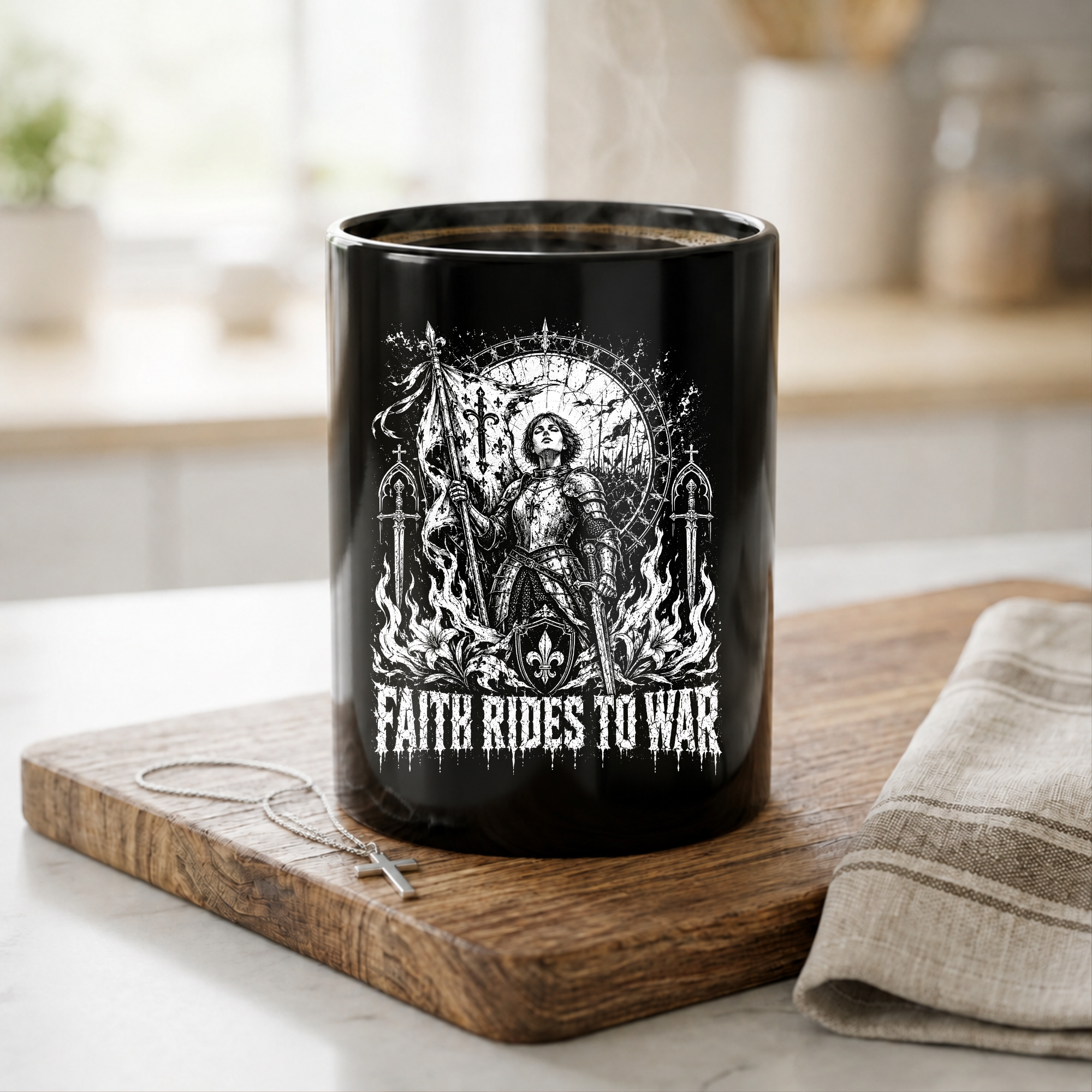 Faith Rides to War Black Coffee Mug — Gothic Joan of Arc Warrior Design