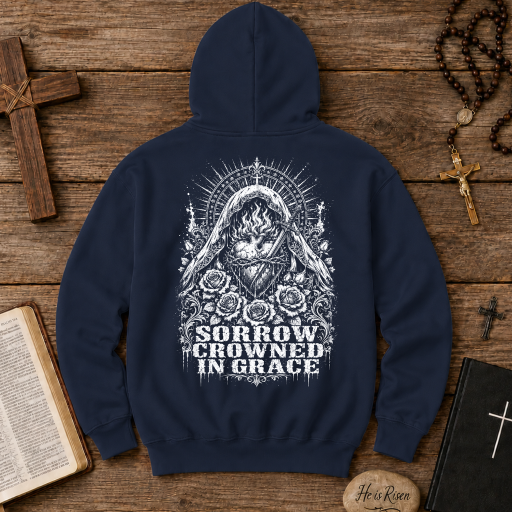 Gothic Sorrow Crowned in Grace — Dark Vintage Religious Art Hoodie