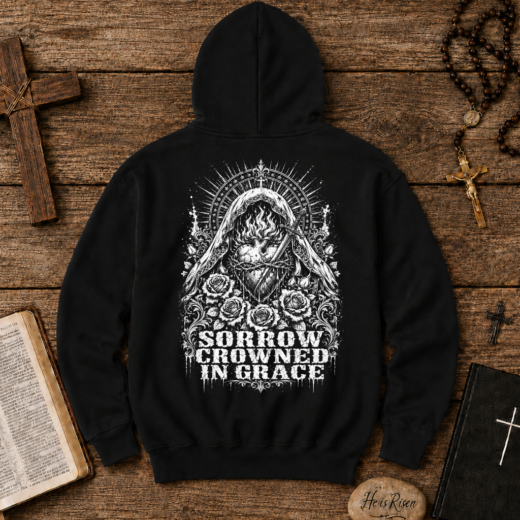 Gothic Sorrow Crowned in Grace — Dark Vintage Religious Art Hoodie