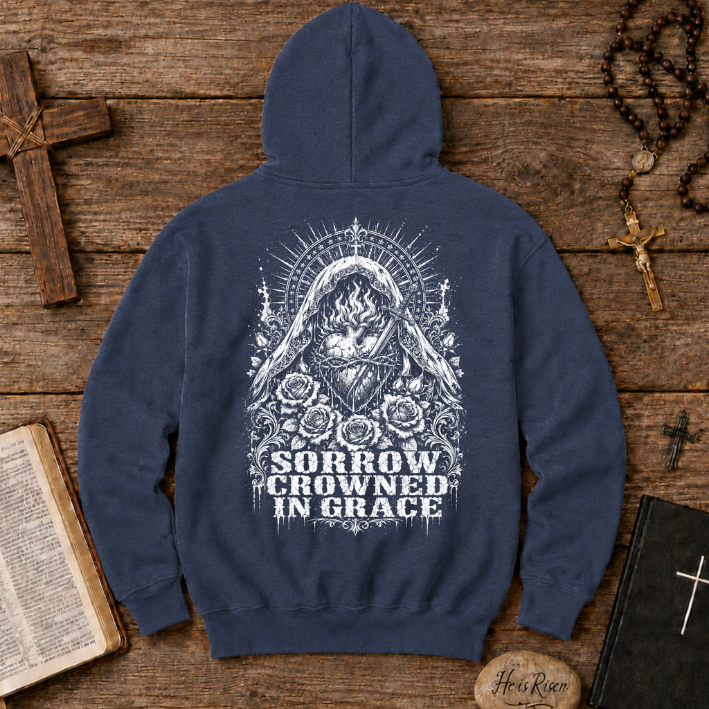 Gothic Sorrow Crowned in Grace — Dark Vintage Religious Art Hoodie
