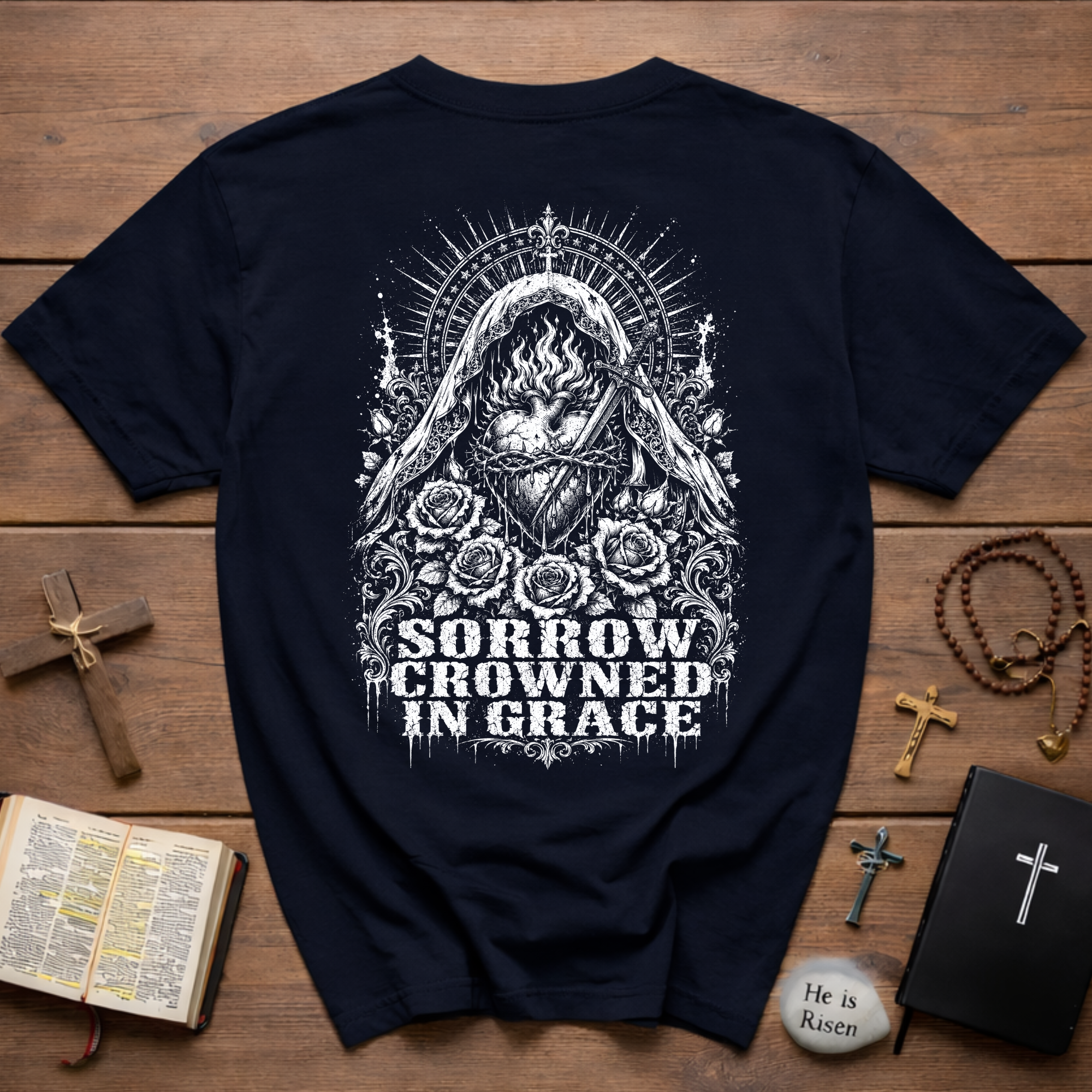 Sorrow Crowned in Grace T-Shirt – Gothic Floral Madonna Tee