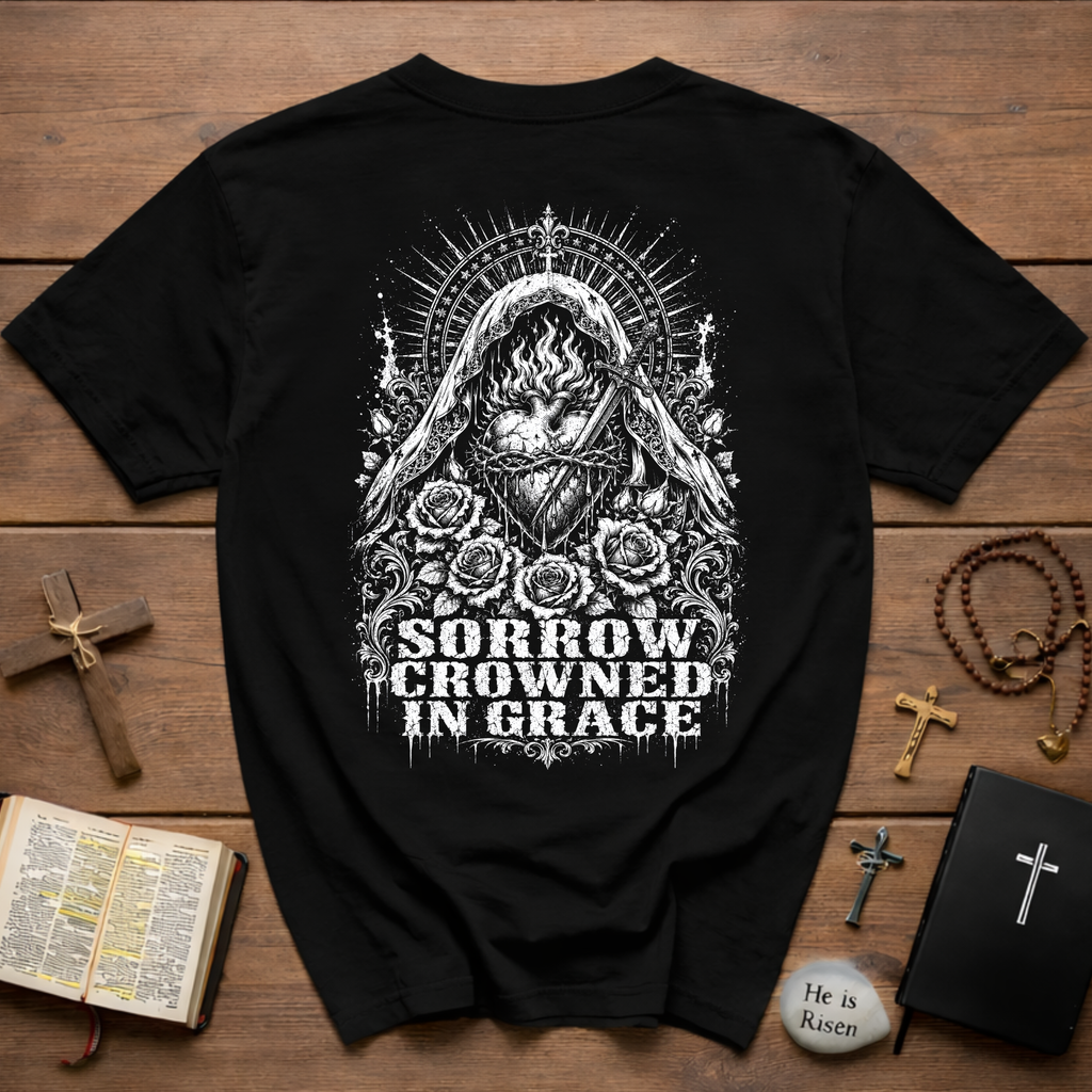 Sorrow Crowned in Grace T-Shirt – Gothic Floral Madonna Tee