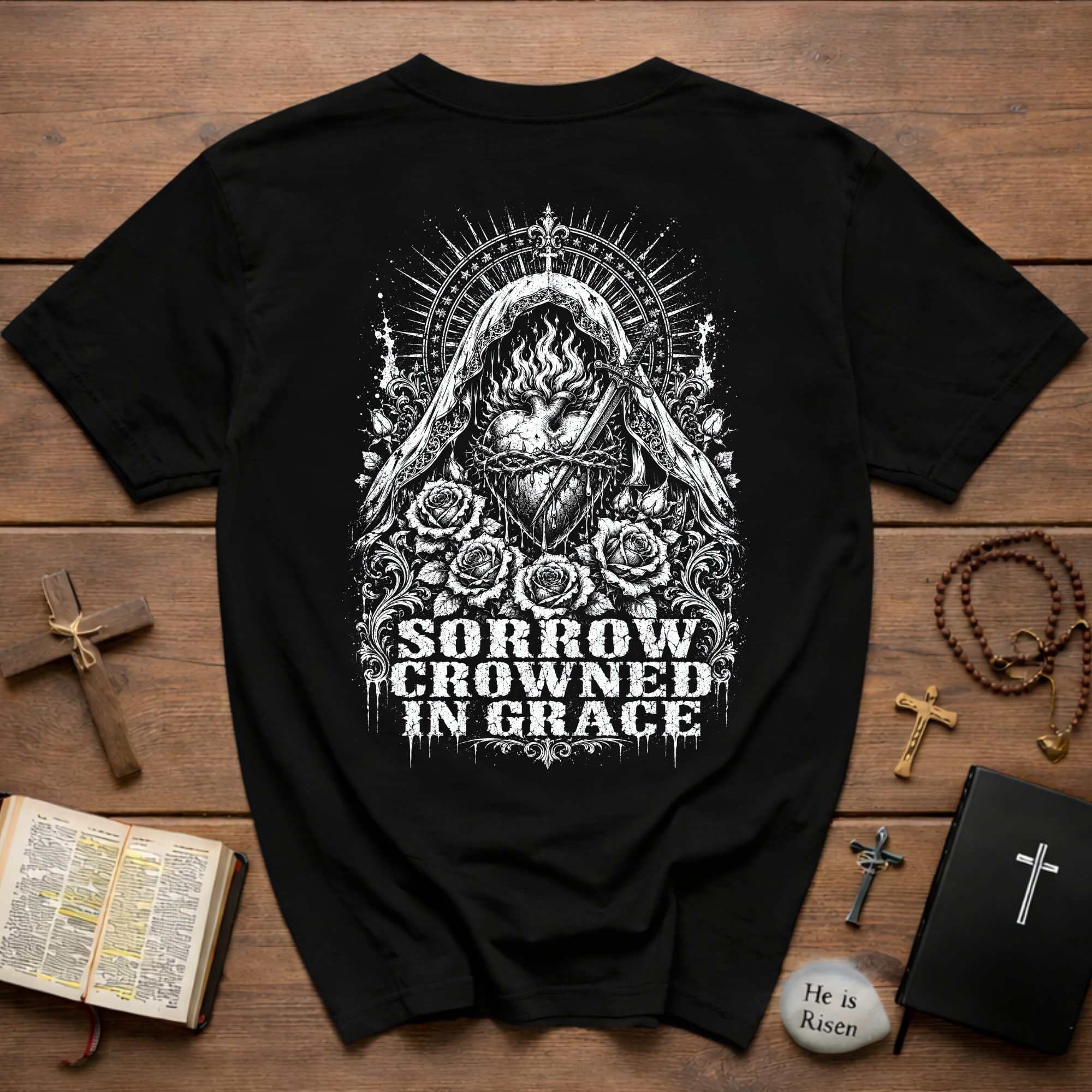 Sorrow Crowned in Grace T-Shirt – Gothic Floral Madonna Tee