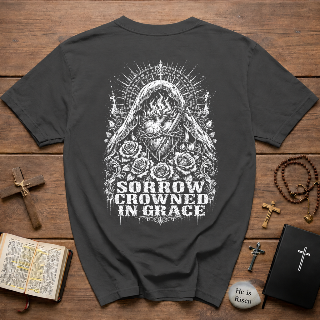 Sorrow Crowned in Grace T-Shirt – Gothic Floral Madonna Tee