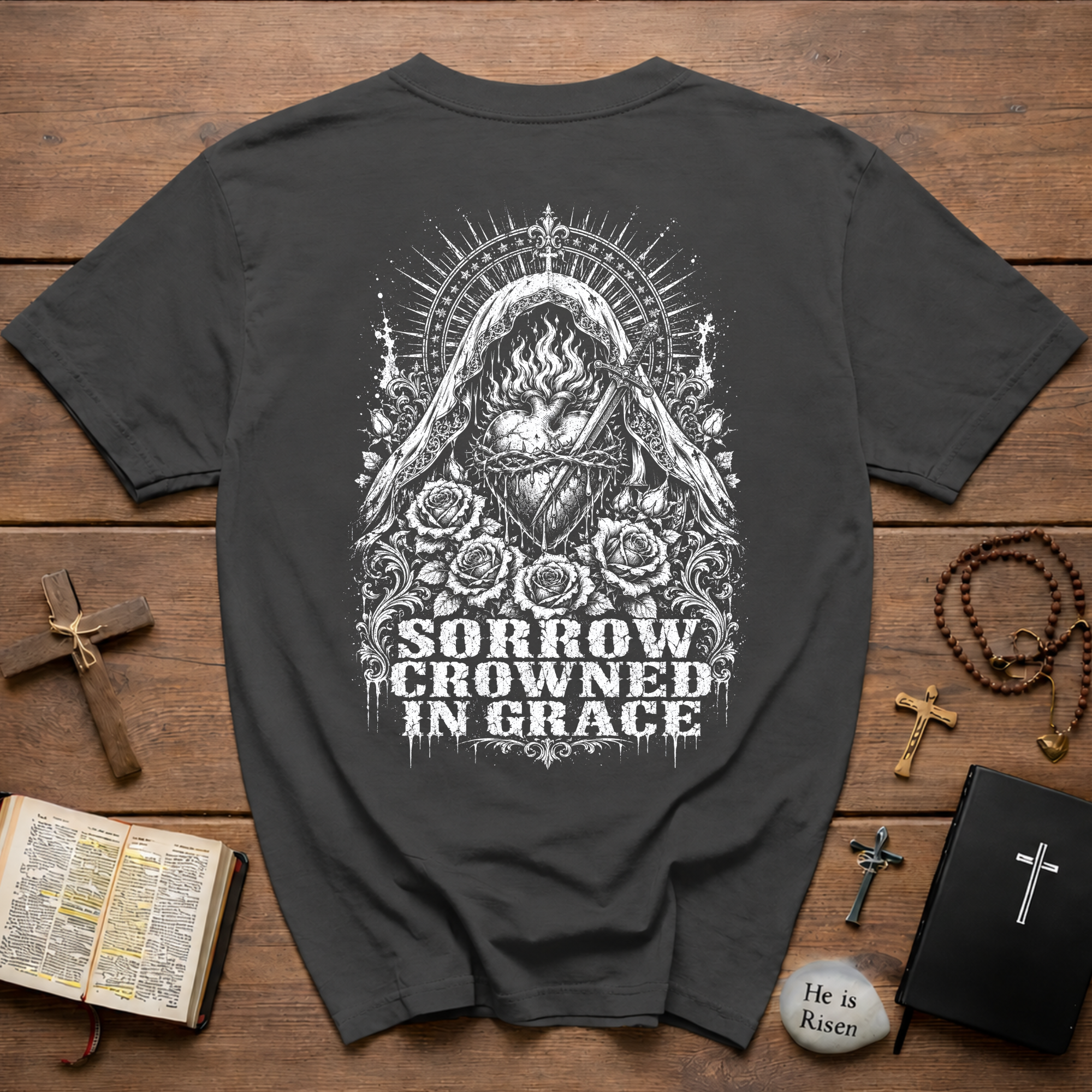 Sorrow Crowned in Grace T-Shirt – Gothic Floral Madonna Tee
