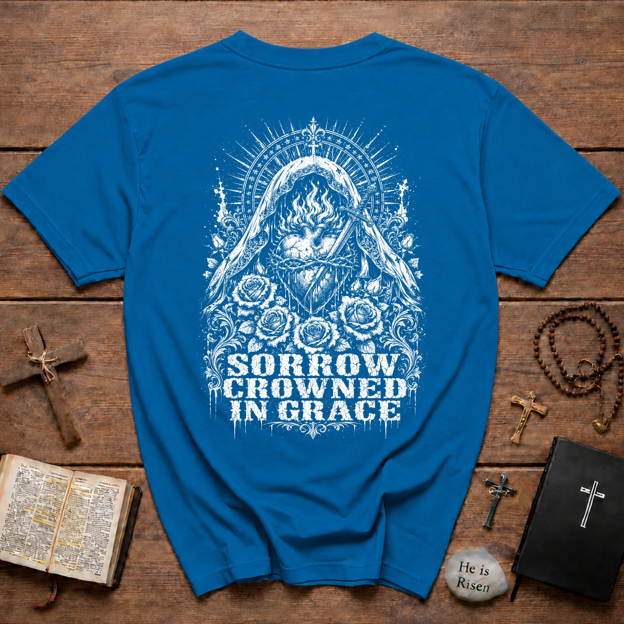Sorrow Crowned in Grace T-Shirt – Gothic Floral Madonna Tee