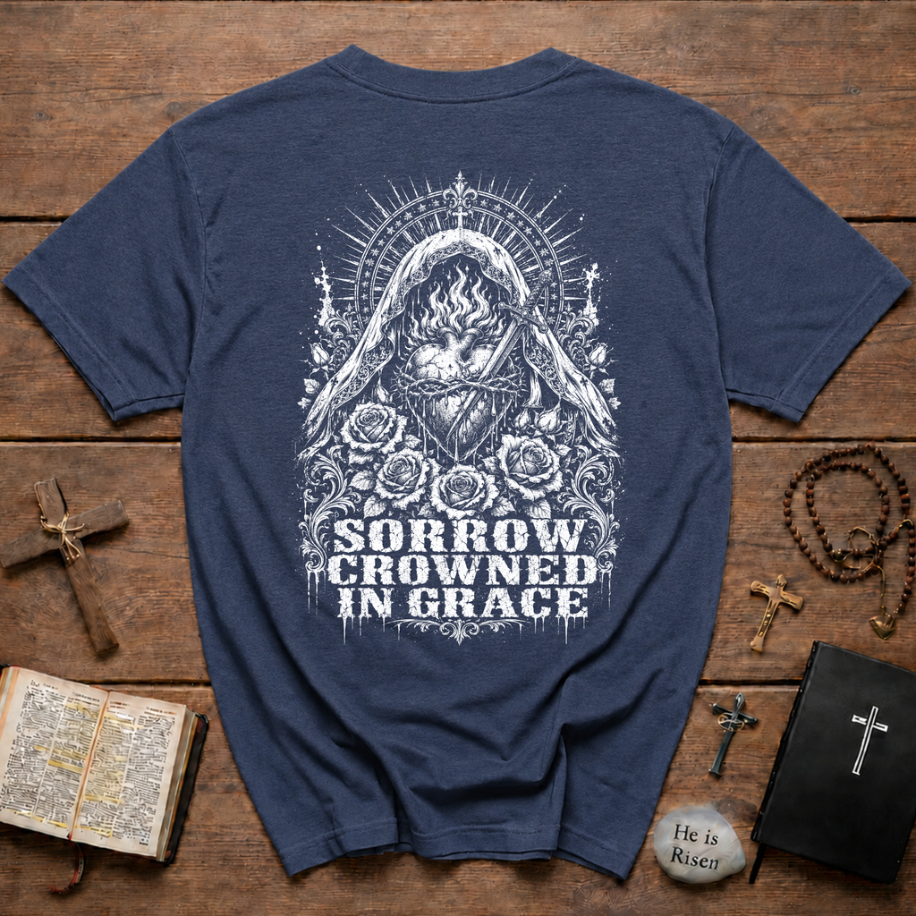 Sorrow Crowned in Grace T-Shirt – Gothic Floral Madonna Tee