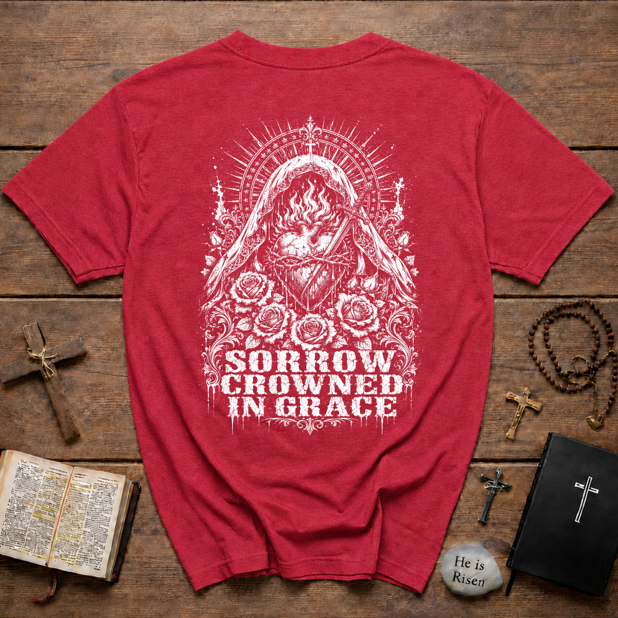 Sorrow Crowned in Grace T-Shirt – Gothic Floral Madonna Tee