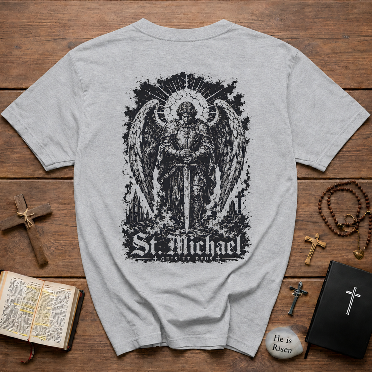 St Michael Quis Ut Deus BACKPRINT T-Shirt