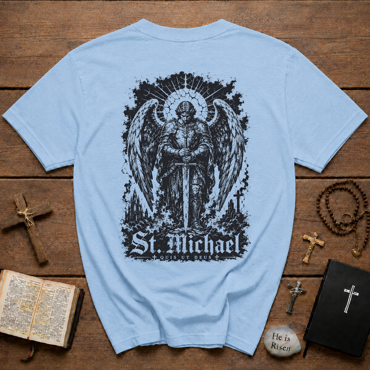 St Michael Quis Ut Deus BACKPRINT T-Shirt