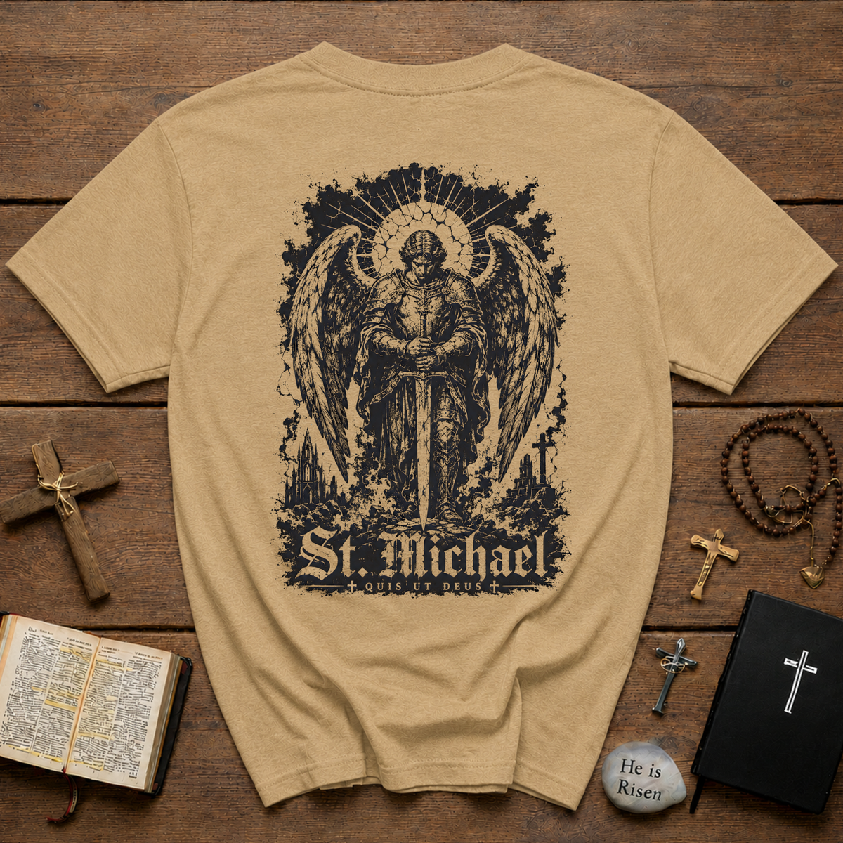 St Michael Quis Ut Deus BACKPRINT T-Shirt