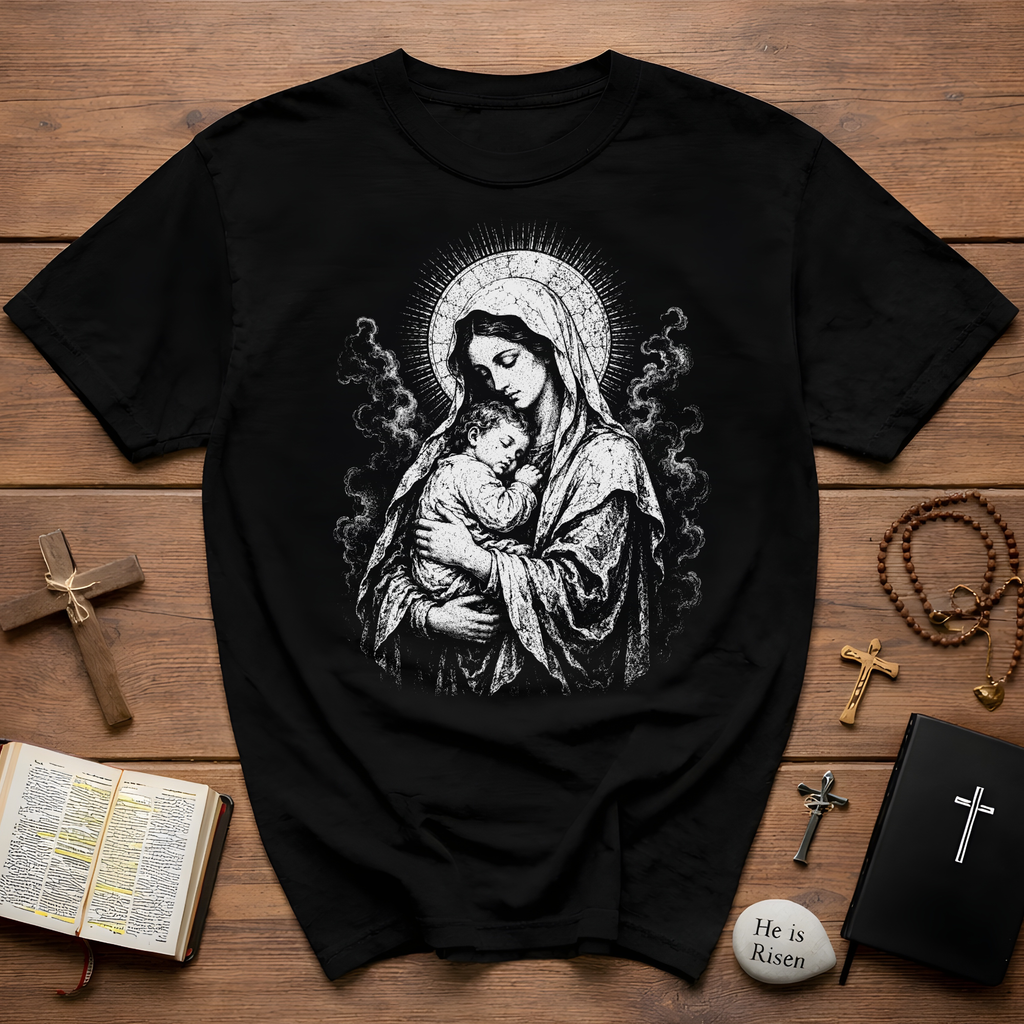 Virgin Mary And Baby Jesus Religious Icon BACKPRINT T-Shirt
