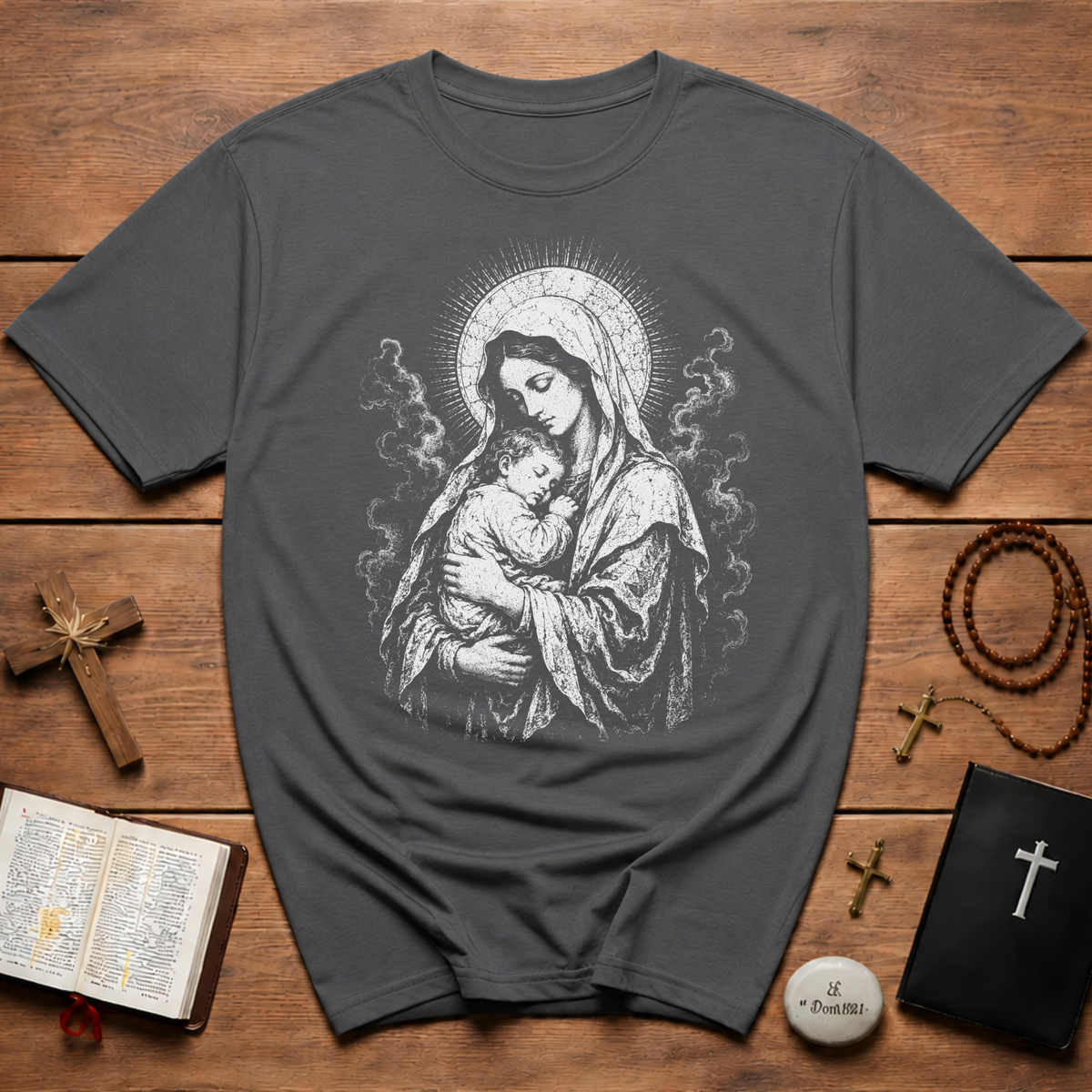 Virgin Mary And Baby Jesus Religious Icon BACKPRINT T-Shirt
