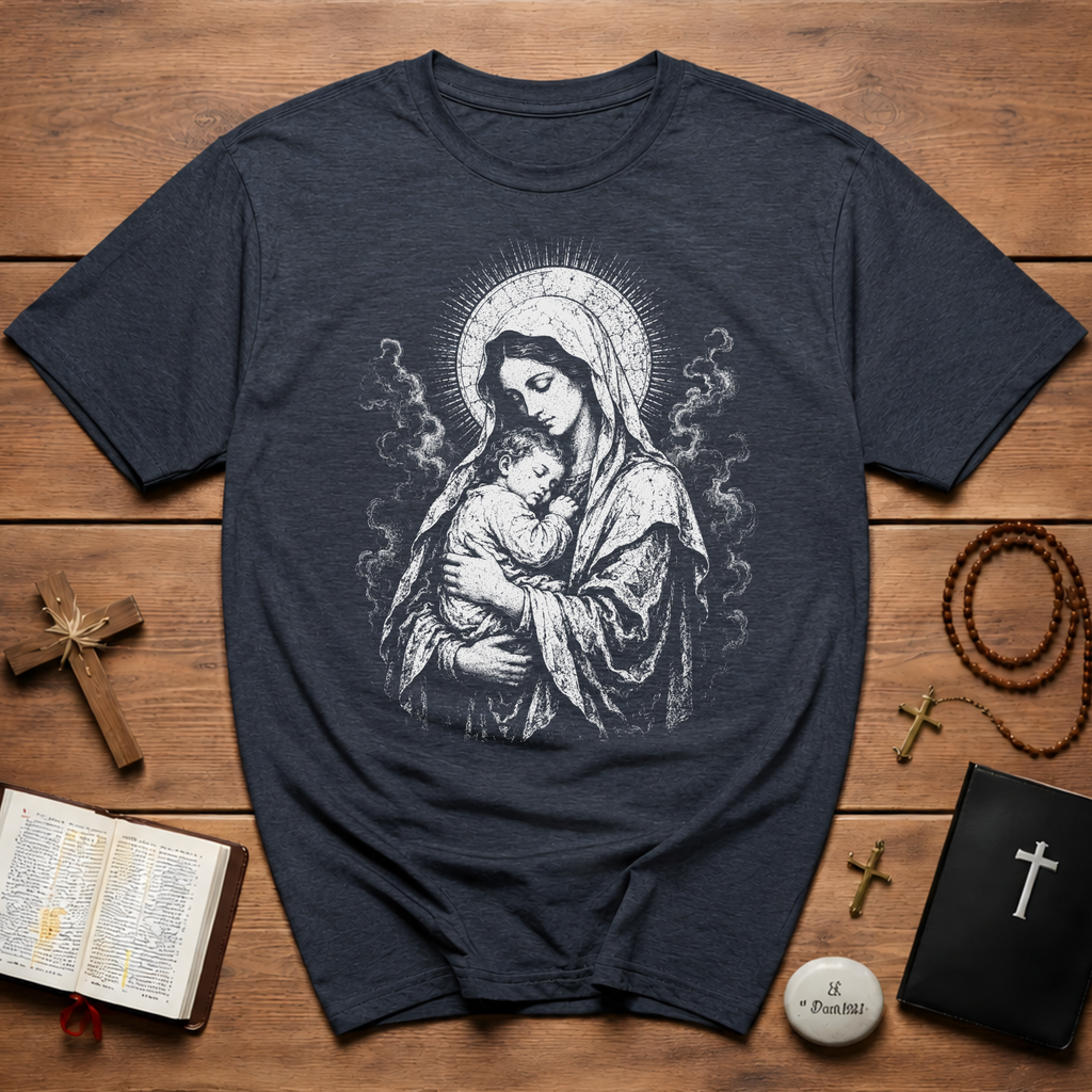 Virgin Mary And Baby Jesus Religious Icon BACKPRINT T-Shirt