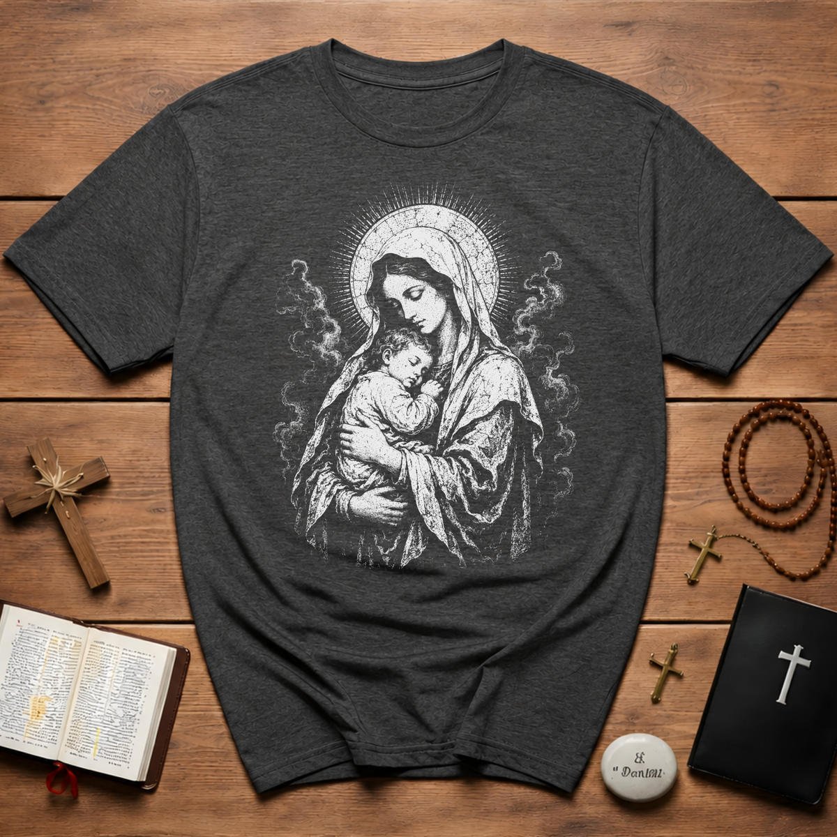 Virgin Mary And Baby Jesus Religious Icon BACKPRINT T-Shirt