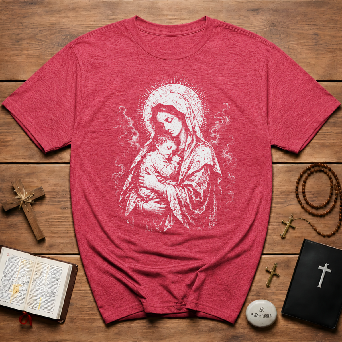 Virgin Mary And Baby Jesus Religious Icon BACKPRINT T-Shirt