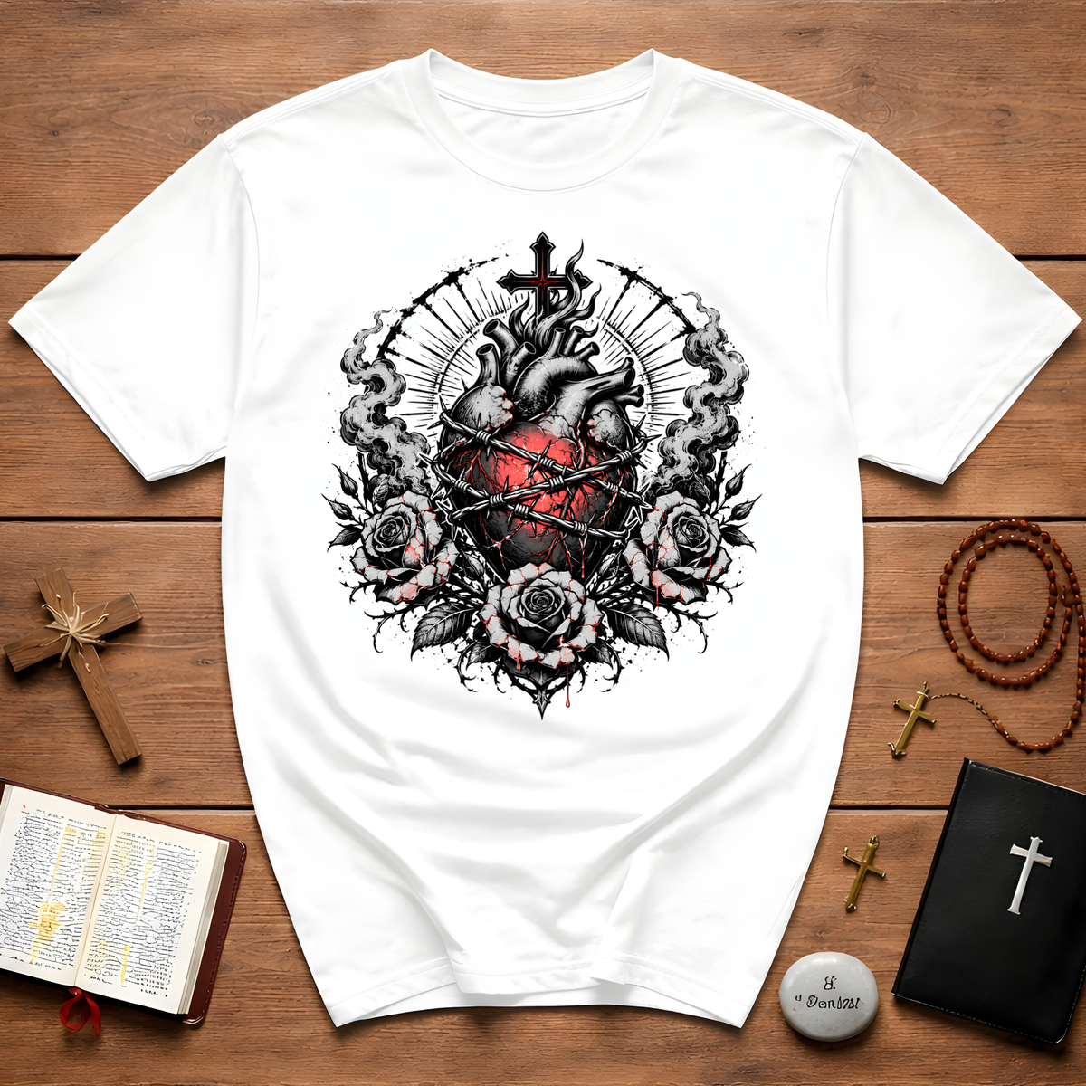 Sacred Heart Dark Roses Anatomical Heart T-Shirt