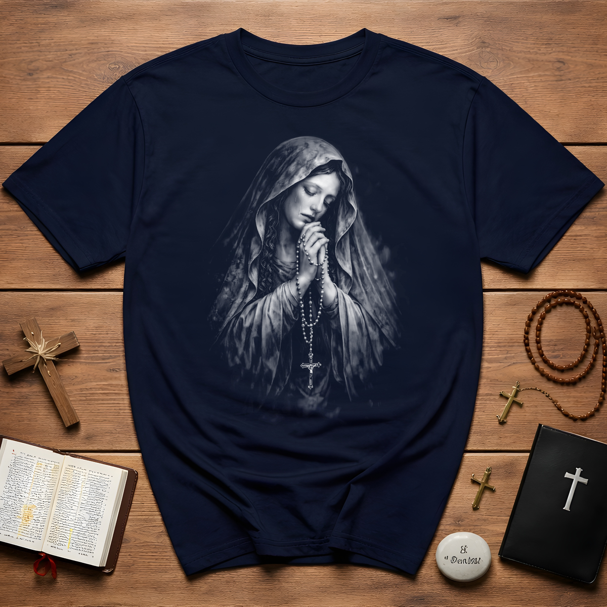 Virgin Mary Praying With Rosary T-Shirt