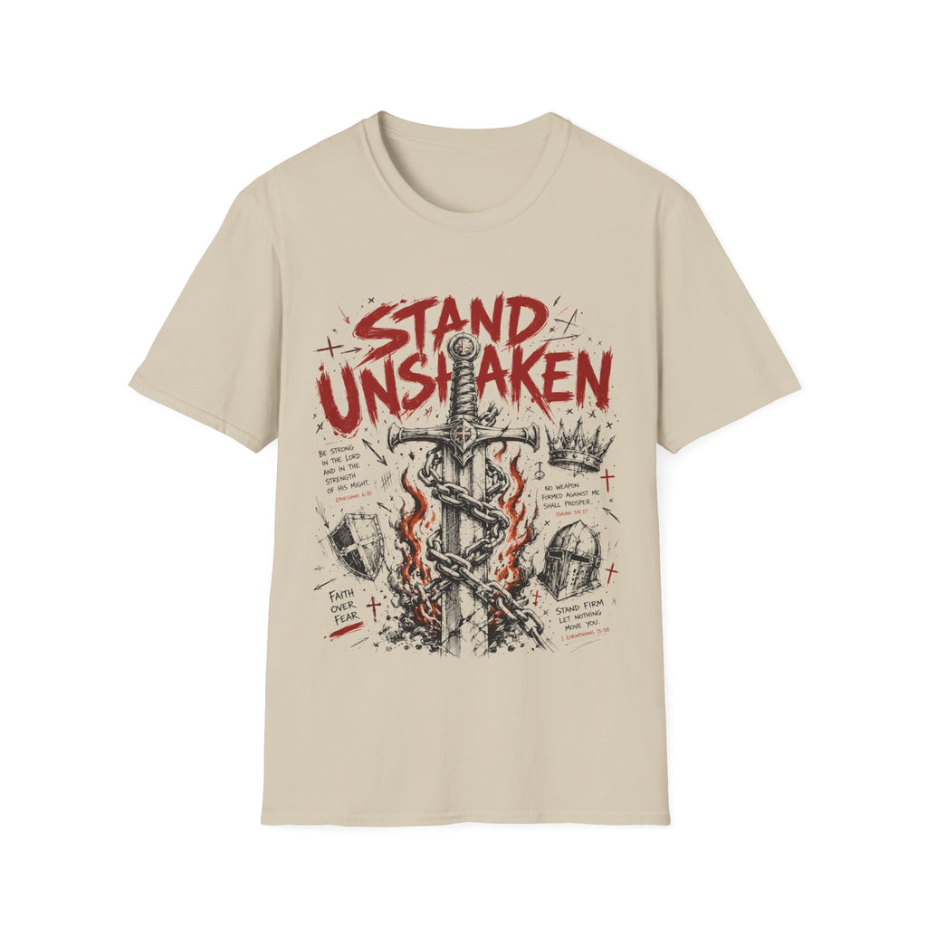Stand Unshaken Christian Warrior Sword Cross Armor Faith Over Fear Bible Verse Ephesians 6 Isaiah 54 T-Shirt