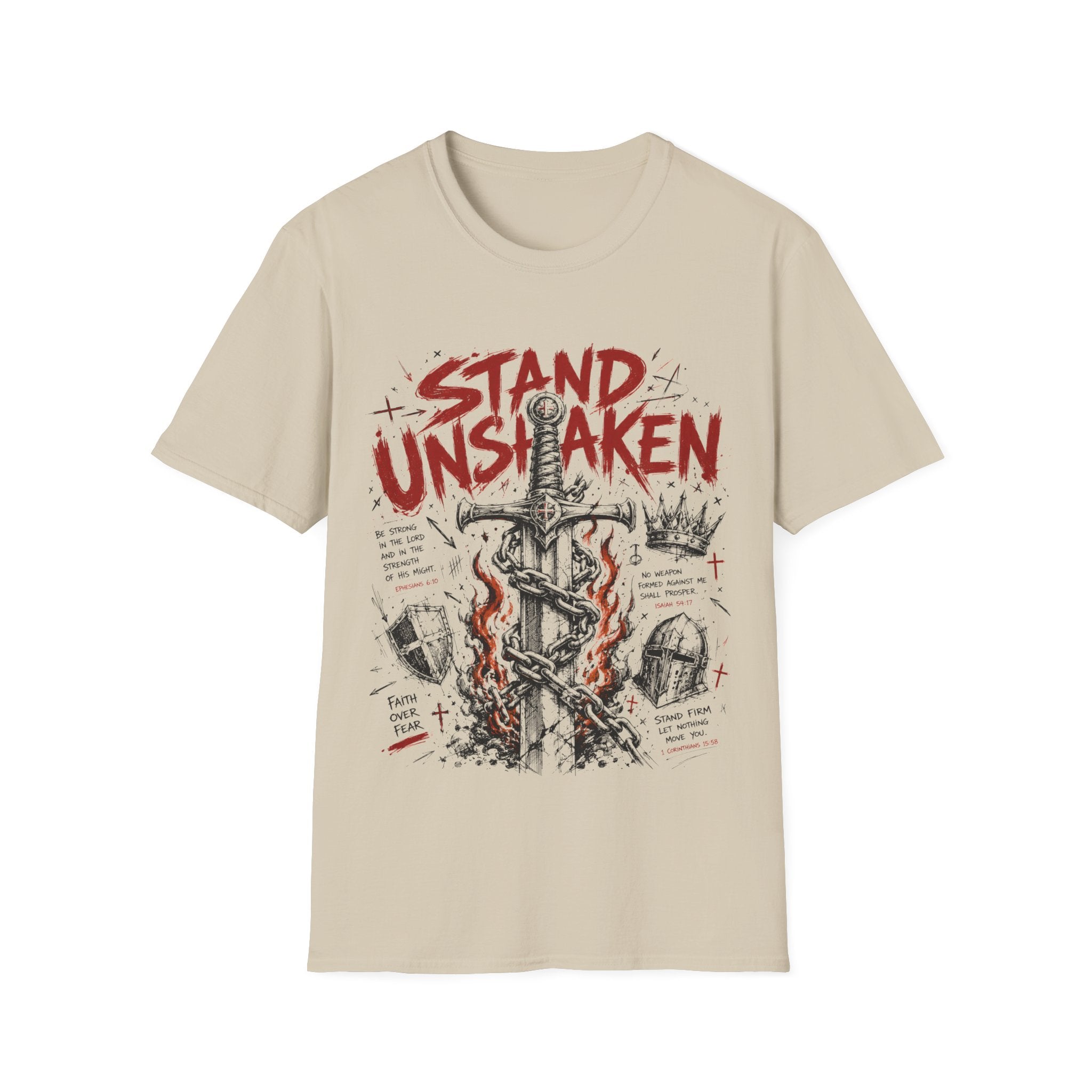 Stand Unshaken Christian Warrior Sword Cross Armor Faith Over Fear Bible Verse Ephesians 6 Isaiah 54 T-Shirt
