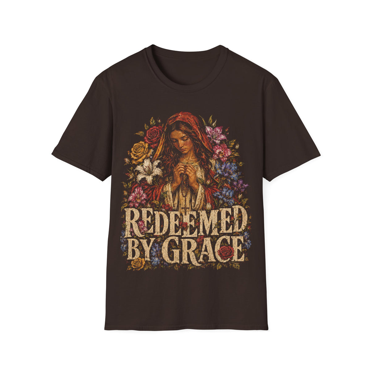 Redeemed By Grace Christian Faith Prayer And Flowers T-Shirt
