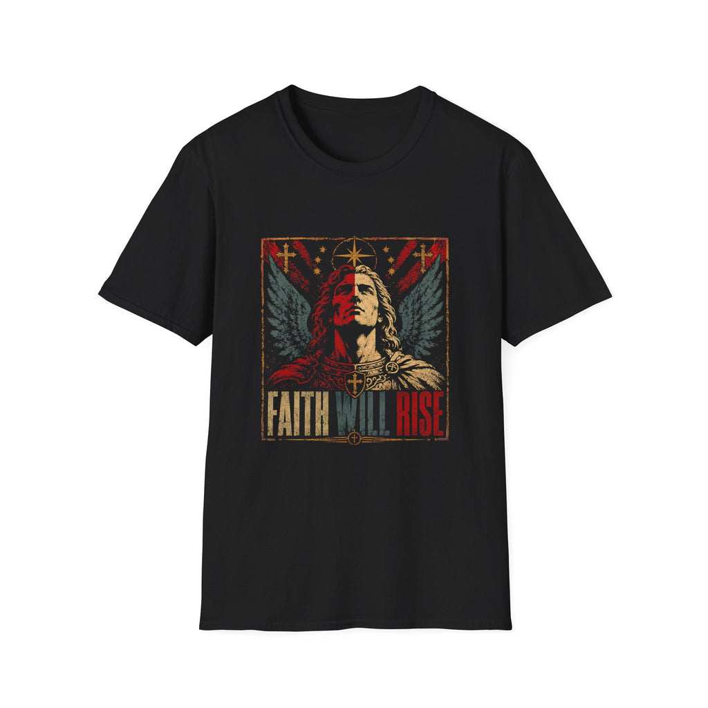 Faith Will Rise Christian Angel Warrior With Wings Cross Symbol And Spiritual Battle Power T-Shirt