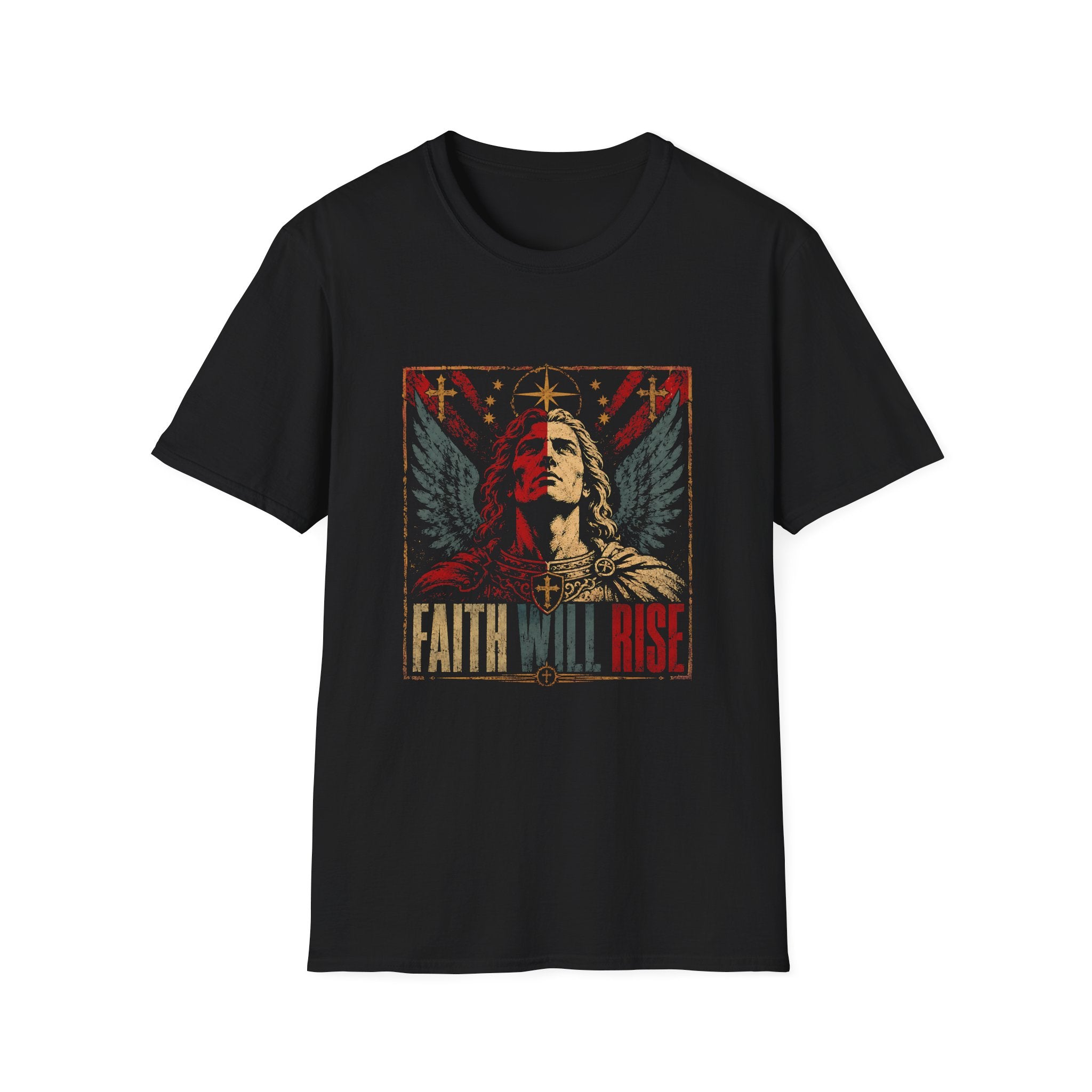 Faith Will Rise Christian Angel Warrior With Wings Cross Symbol And Spiritual Battle Power T-Shirt