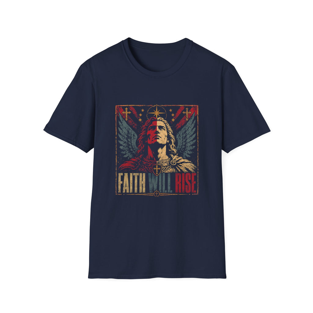 Faith Will Rise Christian Angel Warrior With Wings Cross Symbol And Spiritual Battle Power T-Shirt