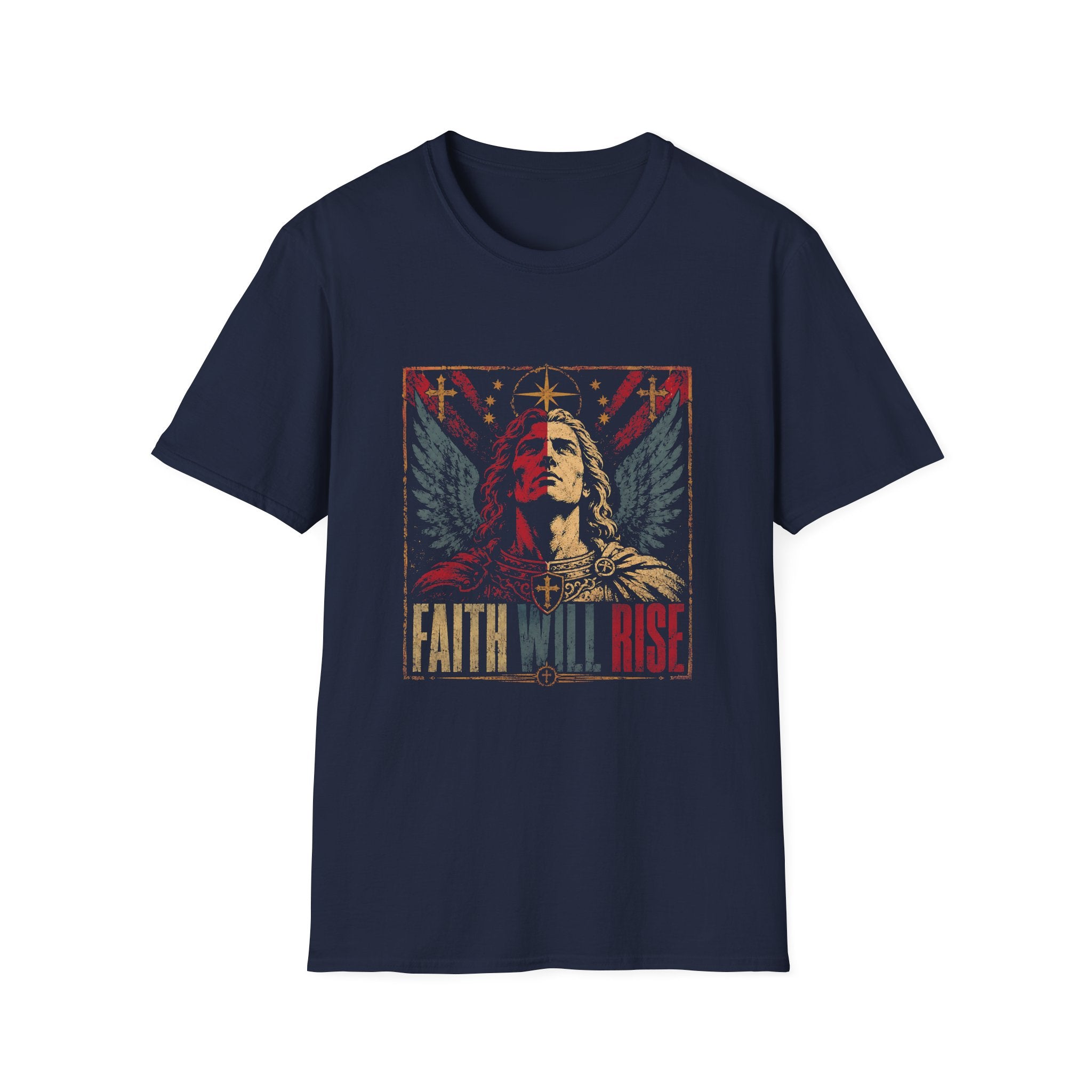 Faith Will Rise Christian Angel Warrior With Wings Cross Symbol And Spiritual Battle Power T-Shirt