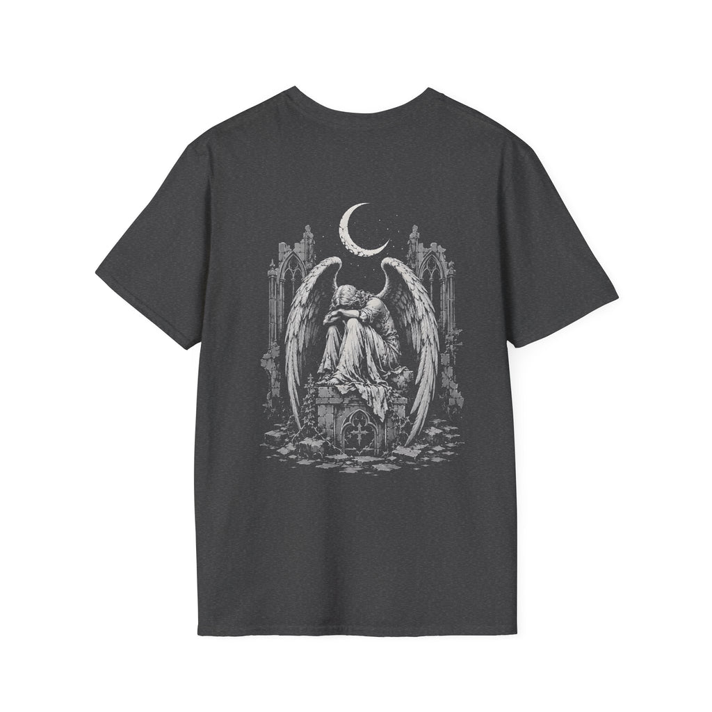 BACKPRINT Gothic Weeping Angel Under Crescent Moon In Ruined Cathedral Dark Fallen Angel BACKPRINT T-Shirt