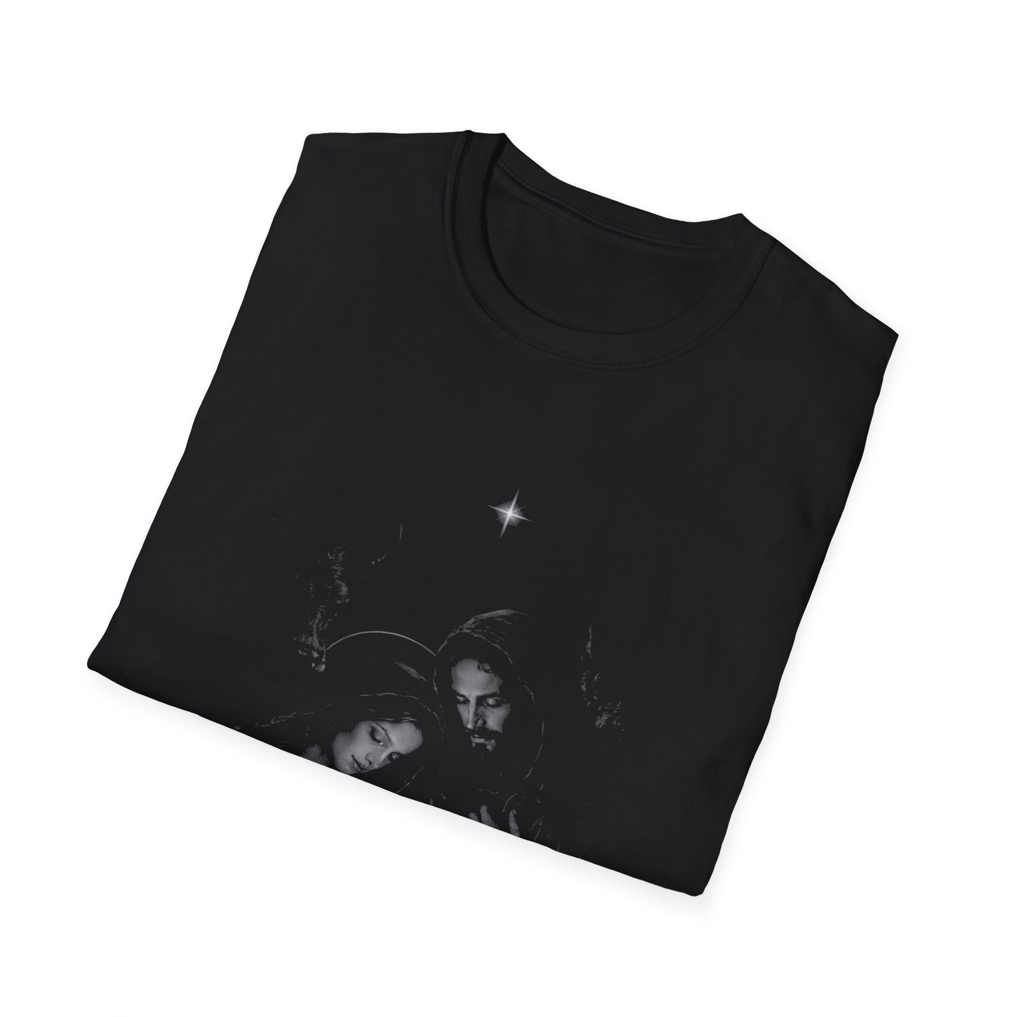 Holy family nativity scene with baby jesus mary joseph and christmas star in the bethlehem manger T-Shirt