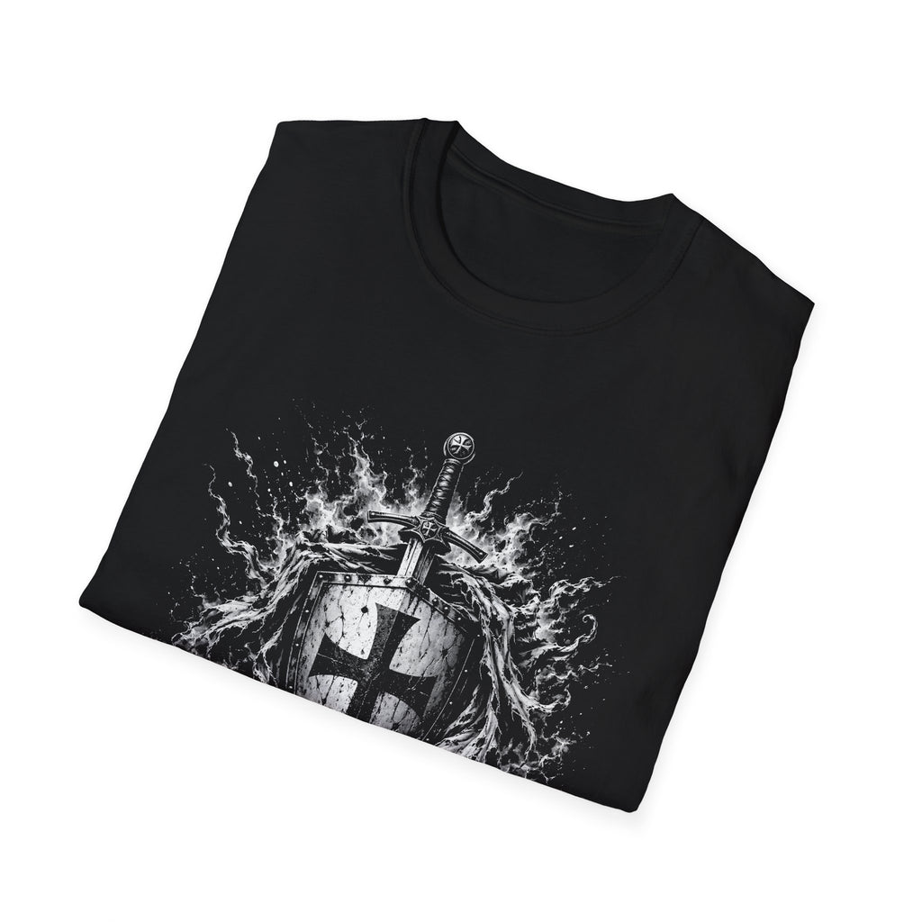 Medieval Crusader Knight Sword And Shield With Flaming Cross Emblem Fantasy Warrior Art T-Shirt
