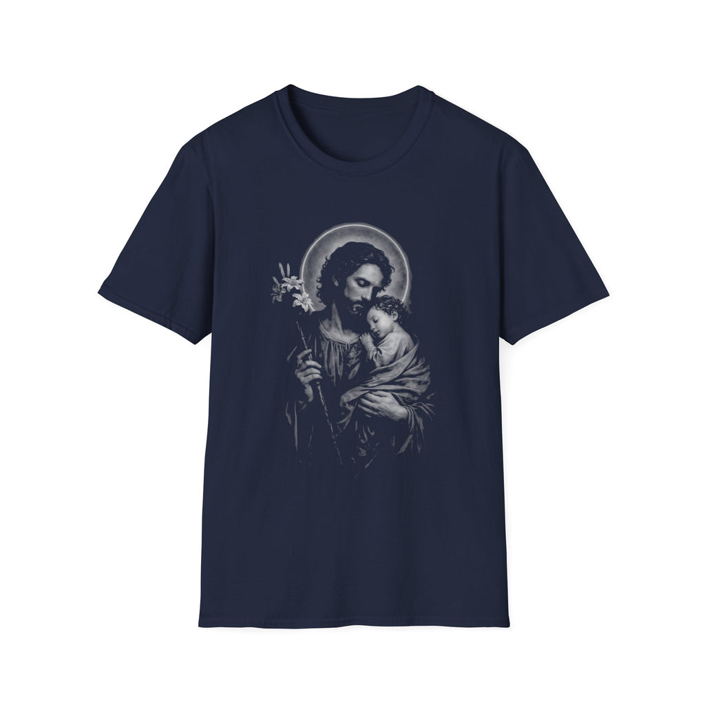 saint joseph holding child jesus sacred catholic fatherhood devotion and protection T-Shirt