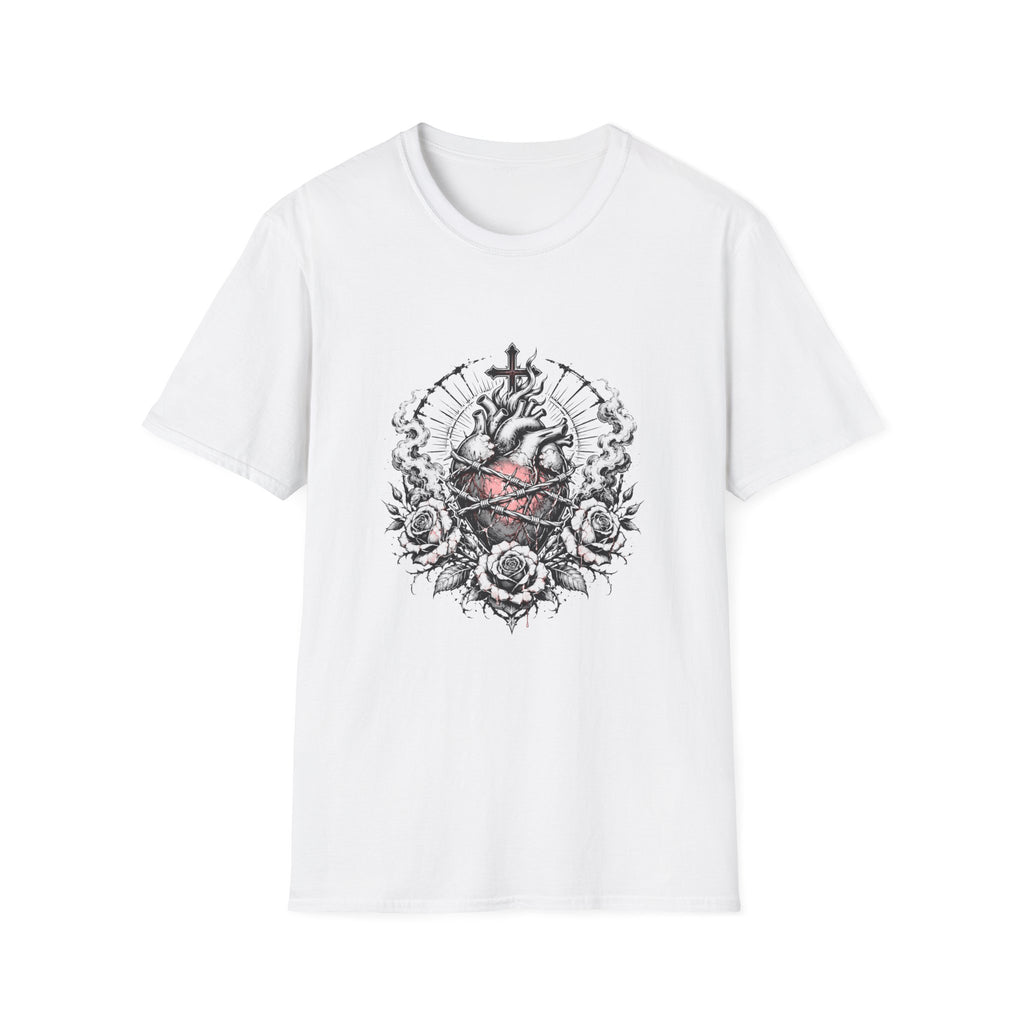 Sacred Heart Barbed Wire Cross Dark Roses Anatomical Heart T-Shirt