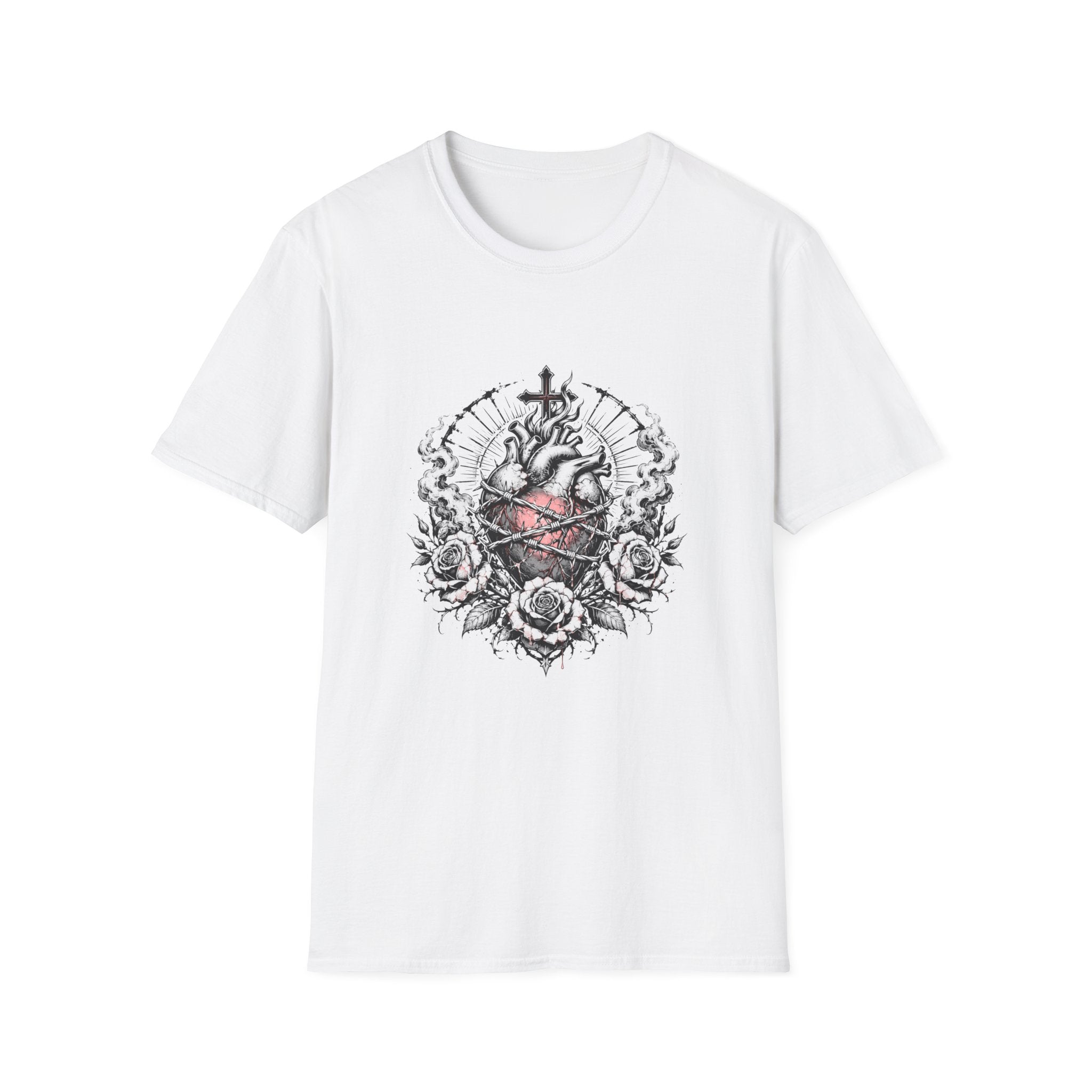 Sacred Heart Barbed Wire Cross Dark Roses Anatomical Heart T-Shirt