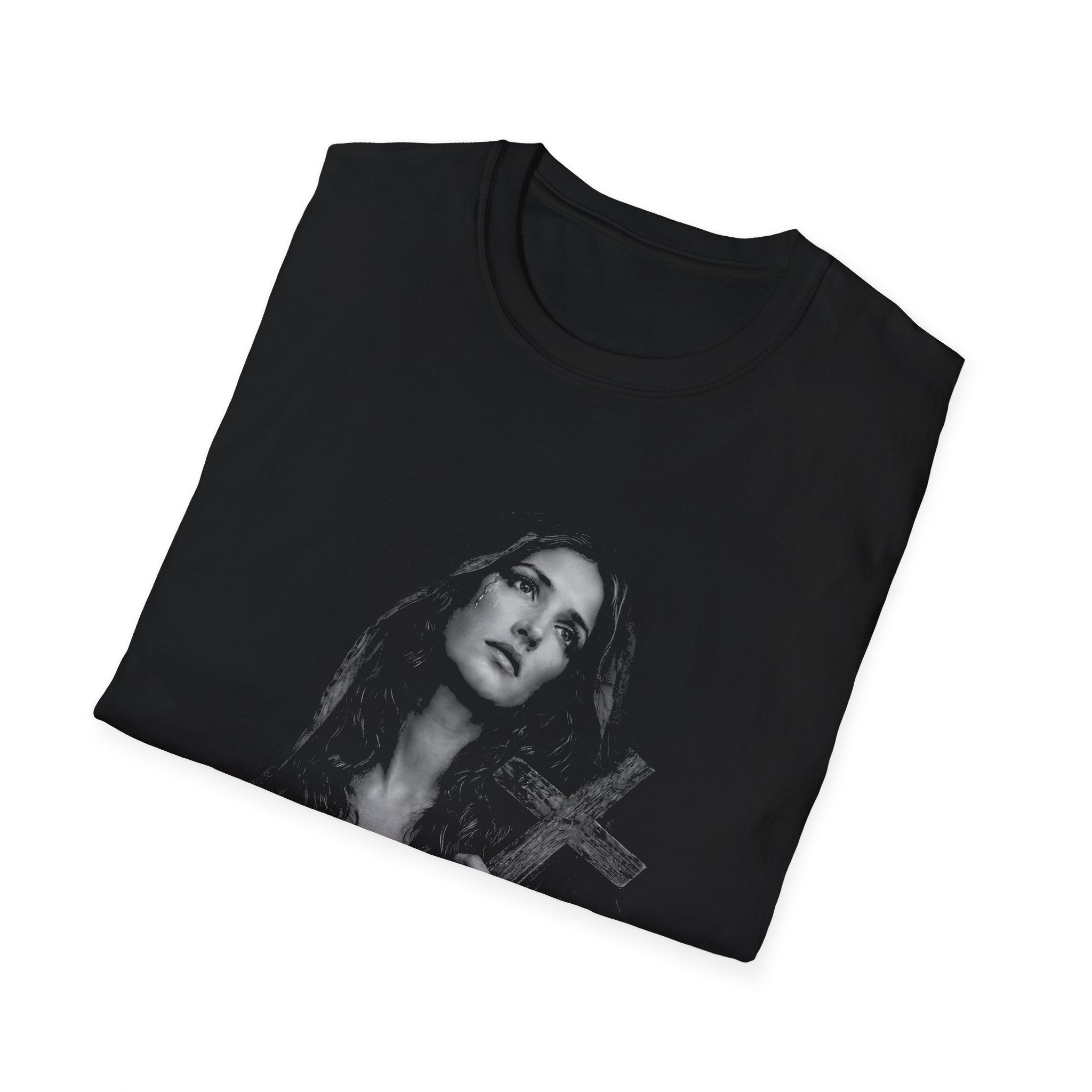 mary magdalene weeping with cross dark christian gothic spiritual portrait in black and white T-Shirt