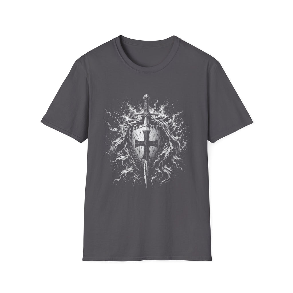 Medieval Crusader Knight Sword And Shield With Flaming Cross Emblem Fantasy Warrior Art T-Shirt