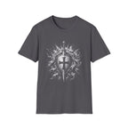 Medieval Crusader Knight Sword And Shield With Flaming Cross Emblem Fantasy Warrior Art T-Shirt