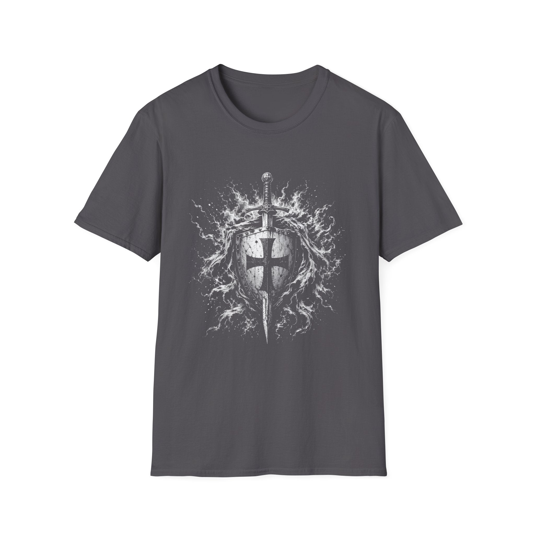 Medieval Crusader Knight Sword And Shield With Flaming Cross Emblem Fantasy Warrior Art T-Shirt