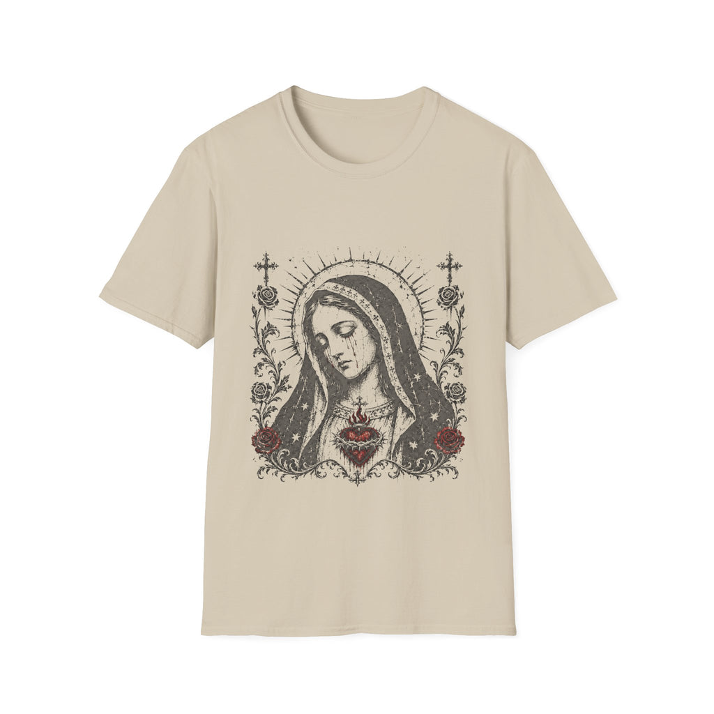 Virgin Mary Sacred Heart Gothic Catholic Dark Mother Mary Icon With Roses And Halo T-Shirt