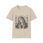 Virgin Mary Sacred Heart Gothic Catholic Dark Mother Mary Icon With Roses And Halo T-Shirt